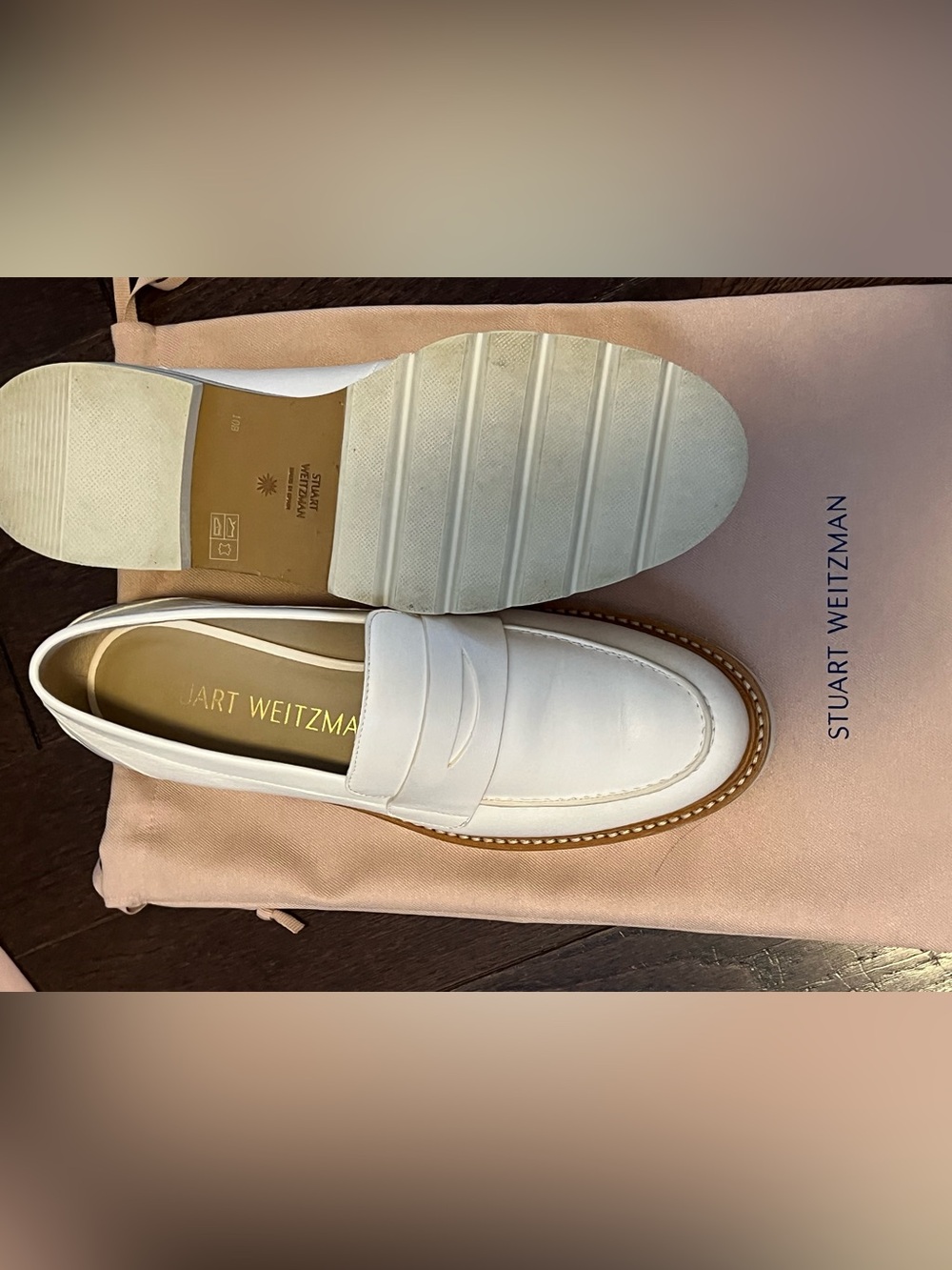 Stuart Weitzman White Leather Penny Loafers with Tan Welt